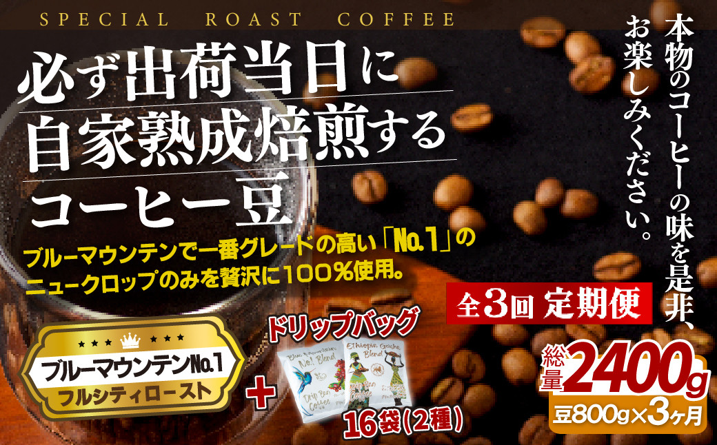 
E278d 《定期便》必ず出荷日に自家熟成焙煎ブルーマウンテンNo.1豆(800g)＋ドリップバッグ16パック【3回お届け】
