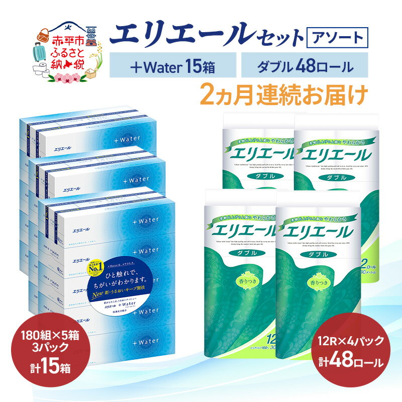 【ふるさと納税】定期便 2ヵ月連続お届け エリエール セット ＋Water 15箱 ダブル30m 48ロール 〈アソート〉トイレットペーパー ティッシュ トイレ ボックスティッシュ まとめ買い ペーパー 紙 防災 常備品 備蓄品 消耗品 備蓄 日用品