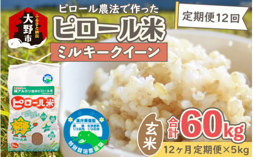 【令和6年産 新米】【12ヶ月定期便】ミネラル豊富！弱アルカリ性のピロール米 ミルキークイーン 玄米 5kg × 12回 計60kg 化学肥料5割以下・減農薬