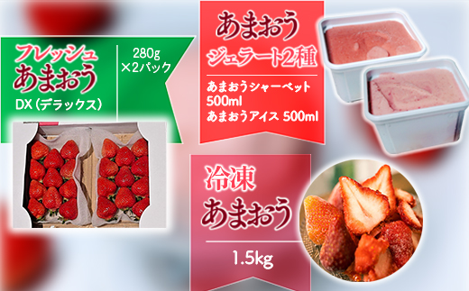 【定期便】あまおう贅沢セット(フレッシュあまおうDX2パック、冷凍あまおう1.5kg、あまおうジェラート2種)　先行予約　※2025年3月上旬から7月のお届けとなります。　MY007