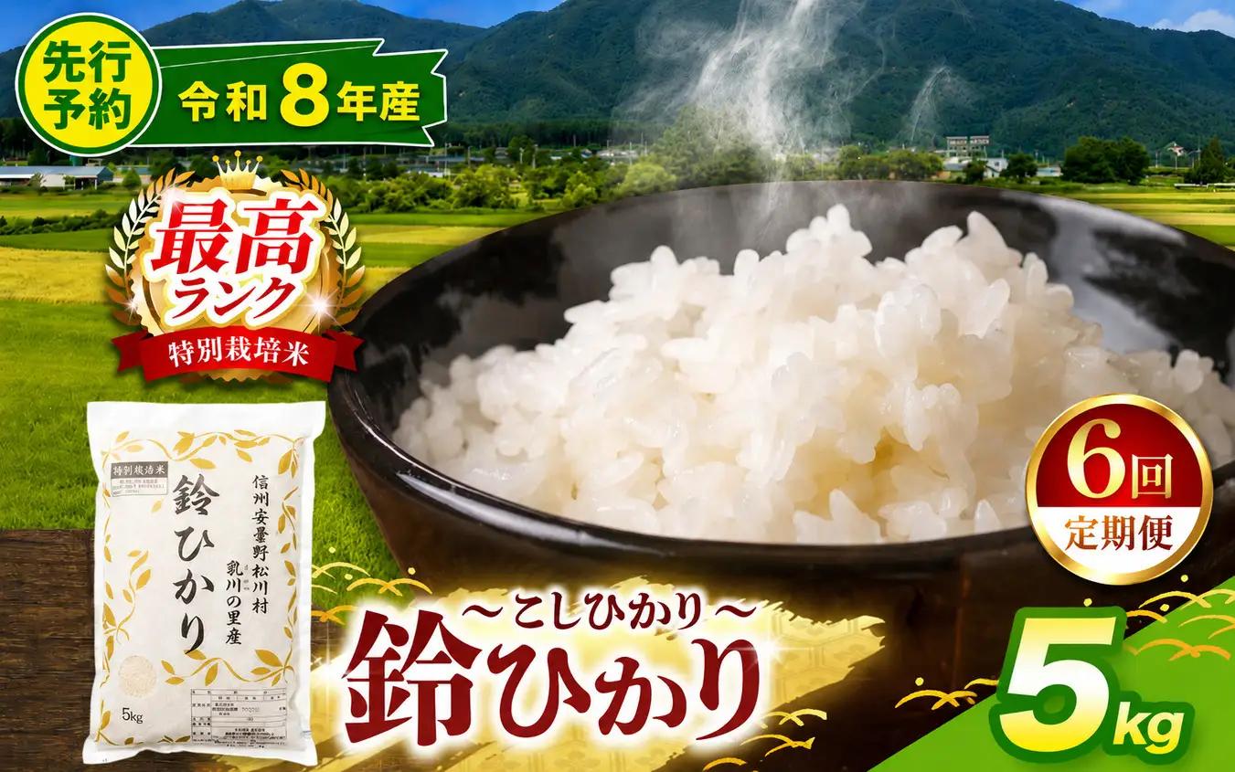 【令和8年産先行予約】【定期便6回】鈴音ひびく清らかな里で育ったお米 松川村ブランド米 鈴ひかり 特別栽培米 白米 5kg | 乳川の里