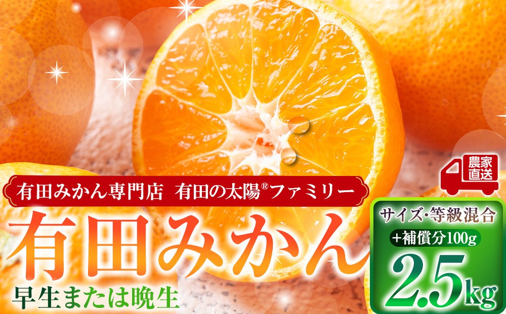 有田みかん専門店 有田の太陽®ファミリー 早生または晩生 有田みかん 2.5kg＋補償分100g 山採れ・サイズ・等級 混合 FH04