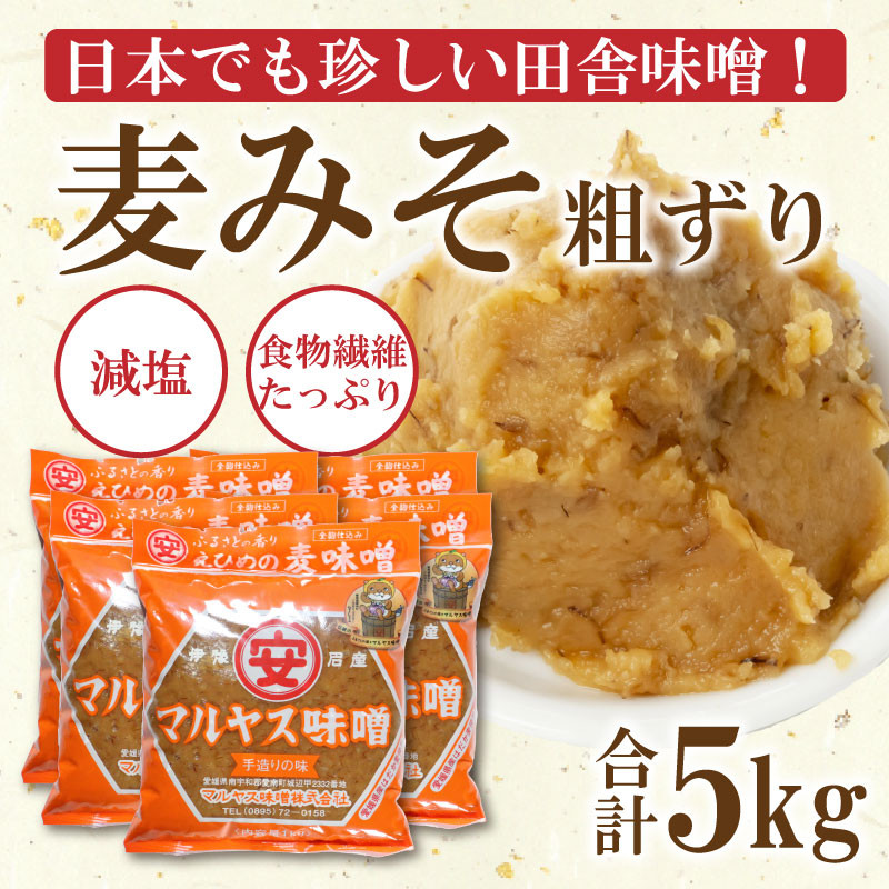 
麦 味噌 みそ 粗ずり 1kg × 5パック 極 甘口 はだか麦 大麦 瀬戸内 田舎 減塩 塩分 控えめ 食物繊維 小麦 アレルギー 健康 味噌汁 おでん 国産 ご当地 愛媛 愛南
