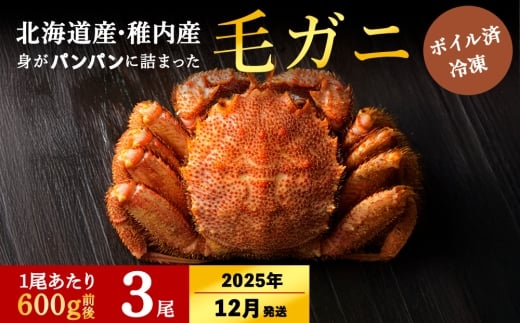 【2025年12月上旬発送】【ボイル済み急速冷凍】身がパンパンに詰まった稚内産毛ガニ600g前後×3尾（合計1.1キロ以上）