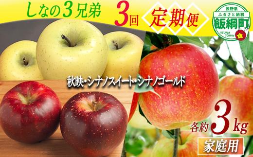 旬のりんご しなの3兄弟 【 定期便 】 家庭用 3kg × 3回 大友農場 エコファーマー認定 沖縄県への配送不可 2026年10月上旬頃から2027年1月中旬頃まで順次発送予定 令和8年度収穫分 信州 果物 フルーツ リンゴ 林檎 長野 予約 農家直送 長野県 飯綱町 [1389]