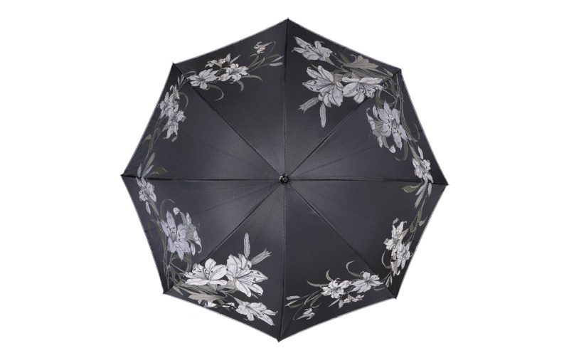 【槙田商店】晴雨兼用長傘　絵おり　百合　クロ　ブラック 傘 かさ 雨具 高級 晴雨 兼用 UV 日焼け ギフト ファッション  日傘 プレゼント 化粧箱 老舗