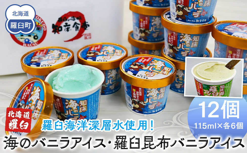 羅臼海洋深層水使用！ 海のバニラアイス・羅臼昆布バニラアイス 12個セット  アイスクリーム スイーツ デザート 夏 北海道 羅臼町 知床 生産者 支援 応援 016942_AX020