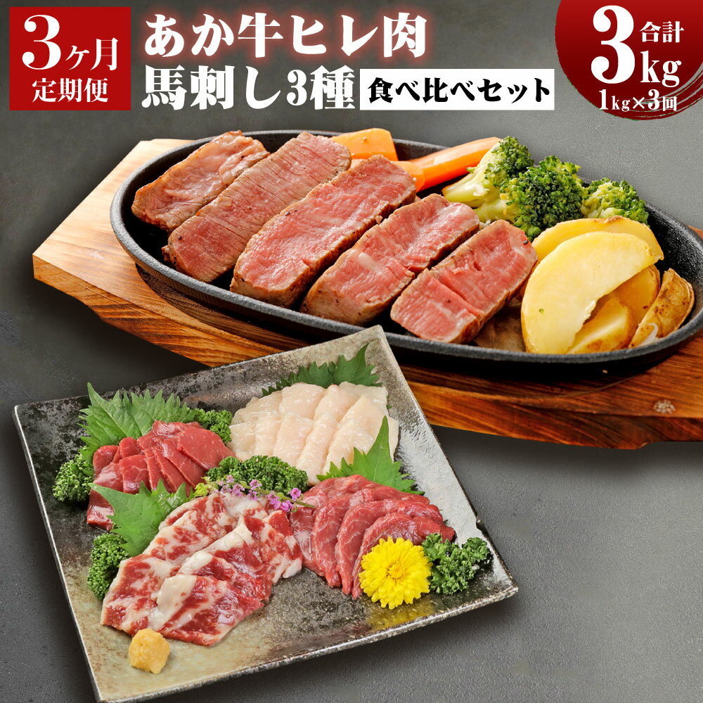 【ふるさと納税】【3ヶ月定期便】くまもとあか牛ヒレ肉 馬刺し 食べ比べセット 1kg×3回 合計3kg ヒレ肉 合計2.4kg 馬刺し 合計600g(赤身300g・霜降り150g・たてがみ150g) ステーキ 牛肉 あか牛 食べ比べ 冷凍 定期便 熊本県 九州 送料無料