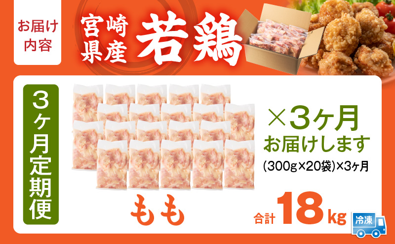 宮崎県産 若鶏切身もも肉 6kg（300g×20袋）【3か月定期便】 肉 お肉 精肉 鶏肉 鶏 鳥 とり とりにく 若鶏 若鳥 もも モモ肉 切身 カット済み 小分け パック 便利 からあげ お弁当 おかず 宮崎県産 宮崎産 国産 冷凍 定期便 おすそ分け _kn060-t026
