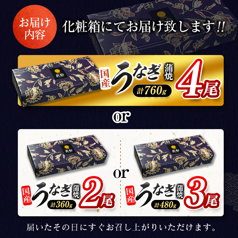 ＜お中元専用＞選べる!!尾数＆配送期間 うなぎ 鰻楽 国産 特大4尾 3尾 2尾 蒲焼 無頭 高評価 人気 おすすめ 冷凍 簡単調理 個包装 鰻 魚介 贈答品 ギフト 贈り物【NC388】_イメージ5