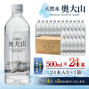 ＜定期便3回＞天然水奥大山(500ml×24本入り×3か月・計72本)国産 鳥取県 鳥取県産 大山 奥大山 天然水 水 軟水 ミネラルウォーター ミネラルバランス 山地 ペットボトル 贈り物 ギフト 