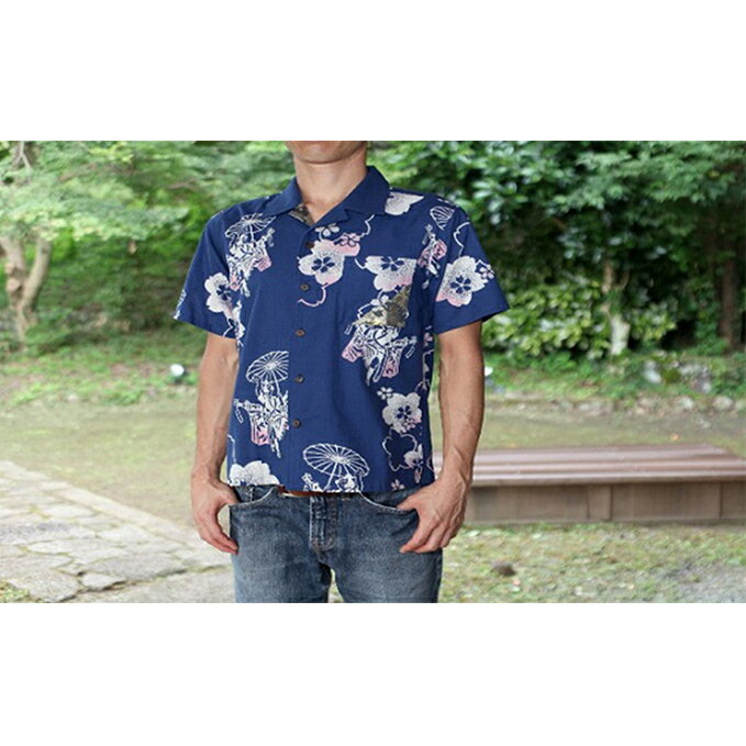 【ふるさと納税】島田帯シャツ 大奴柄 青 LL ファッション 服 半袖 紅梅織 綿100% 伝統 浴衣地カジュアル フォーマル 蓬莱橋 開襟シャツ 男性 メンズ 静岡県島田市
