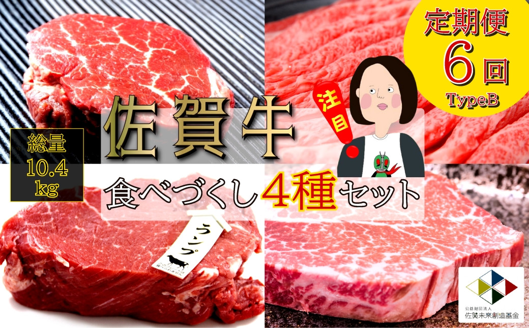 
            【定期便セット】佐賀牛食べづくし4種セット総計10.4kg：TypeB（ヒレ/ロース/ランプ/すき焼き）　全6回
          