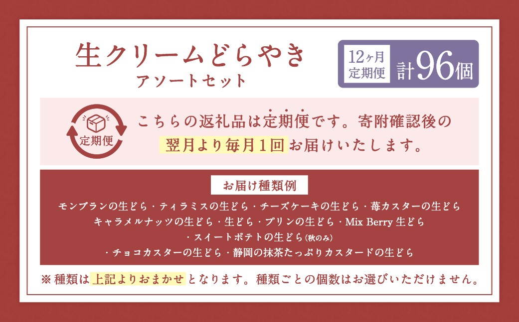 【12ヶ月定期便】菊川さくら屋の生クリームどらやき（アソート8個）