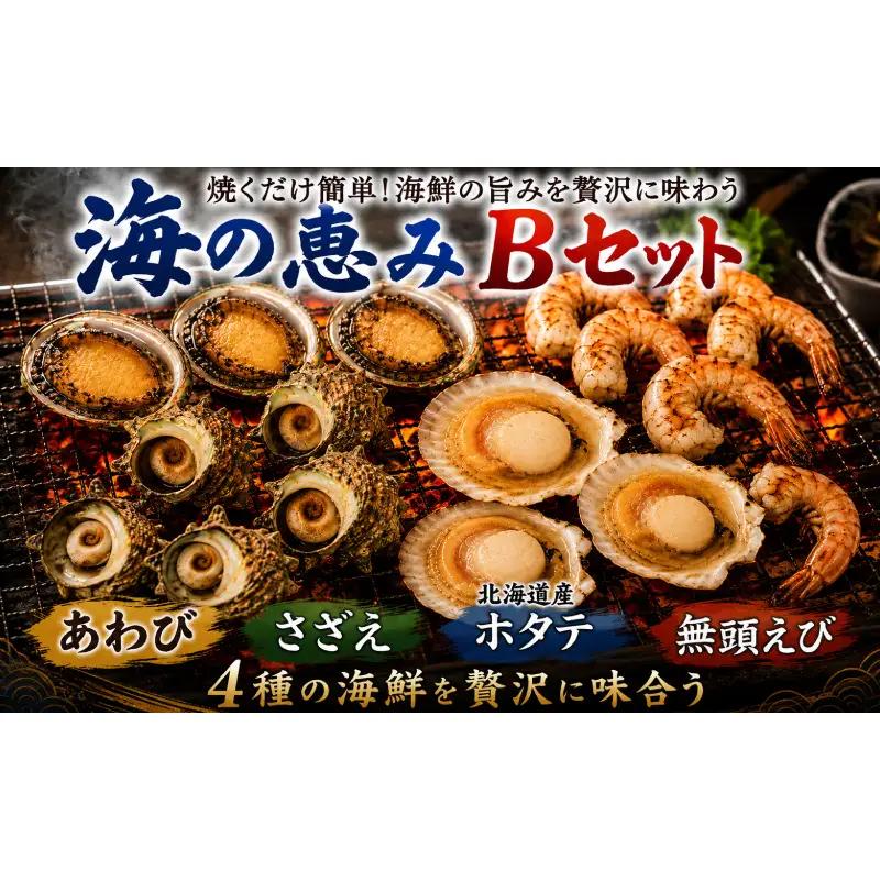 海の恵みBセット （ さざえ ・ あわび ・ 殻付きホタテ ・ 無頭えび ） 冷凍 下関 山口 《さわ水産：SW》