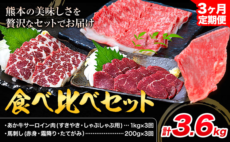 あか牛 すきやき・しゃぶしゃぶ用 サーロイン肉1kg・馬刺し200g 食べ比べセット 3ヶ月定期便 計3.6kg 合同会社たべたせいか《お申し込みの翌月から出荷》牛肉 和牛 馬刺し セット 熊本県産 