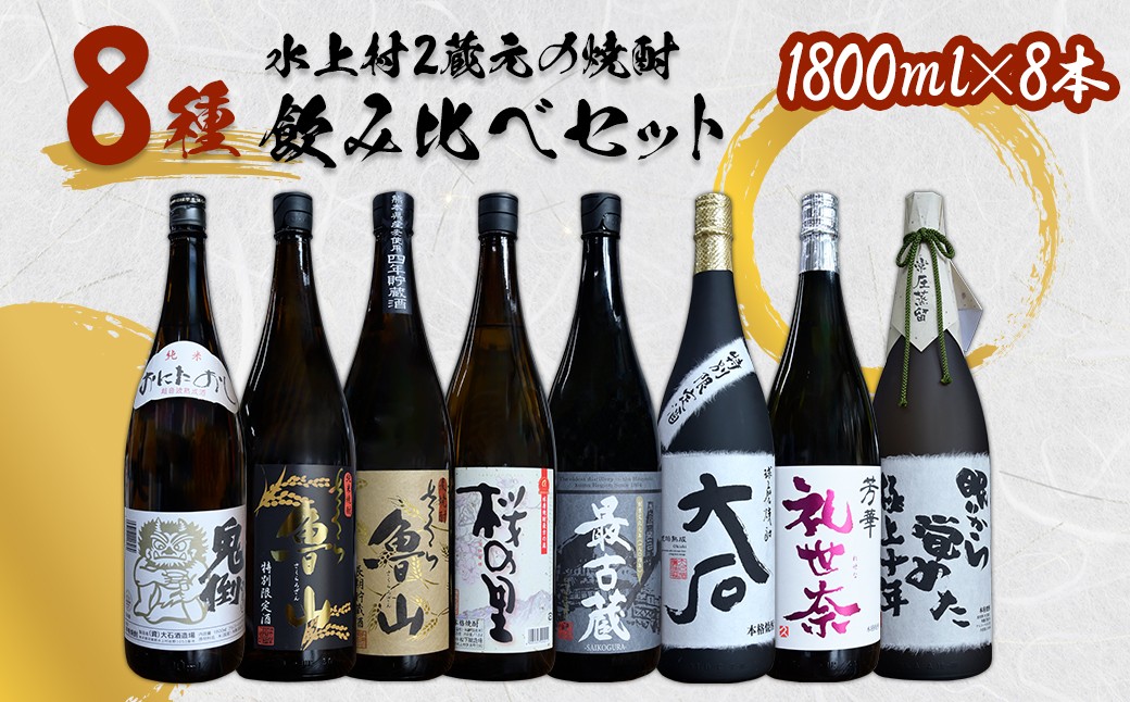 
                  水上村2蔵元の焼酎 8種 飲み比べ セット 計14.4L【最古蔵 鬼倒 さくら魯山 さくらの里 大石 礼世奈 眠りから覚めた極上十年】 米焼酎 麦焼酎 お酒 焼酎 酒 大容量 熊本県 水上村
                