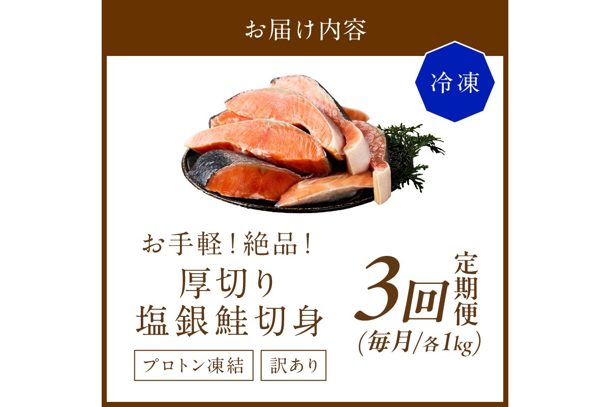 お手軽！絶品！厚切り　塩銀鮭切身 約1kg（1袋）（プロトン凍結　訳あり　不揃い）　定期便　月1回×3ヵ月 ふるさと納税 鮭 海老 魚介 魚 銀鮭 シャケ えび  海鮮 さけ 規格外 おかず 弁当 切