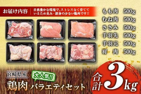 鶏肉 バラエティ セット 合計3kg 肉 鶏 国産 大満足 6種 もも むね ささみ 手羽先 手羽元 食品 真空パック ギフト 送料無料_BA56-23