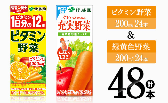 
            ビタミン野菜(紙)24本＋緑黄色野菜(紙)24本 【 伊藤園 飲料類 野菜 緑黄色野菜 ビタミン野菜 ジュース セット 詰め合わせ 飲みもの 】
          