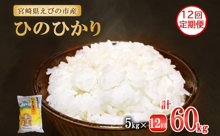 【令和7年産先行予約】【年間定期便】 令和6年産 えびの産 ひのひかり 5kg×12ヶ月 合計60kg（2025年11月発送開始予定） お米  精米 白米 ご飯 国産 宮崎県産 九州産 送料無料こめ おにぎり お弁当