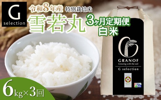 【令和8年産先行予約】【定期便3ヶ月】 特別栽培米 Gセレクション 雪若丸「白米（精米）」 6kg (6kg×1)×3ヶ月 山形県鶴岡市産　株式会社グラノフ