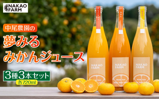 【数量限定】中尾農園の夢みるみかんジュース贅沢３種３本セット［みかん・はるか・クレメンティン］ 蜜柑ジュース ミカンジュース みかんジュース 詰め合わせ みかん はるか クレメンティン 720ml フルーツジュース くだもの 果物 佐賀県 太良町 OC8x1