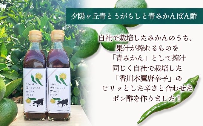 【 小豆島 】夕陽ヶ丘青とうがらしと青みかんぽん酢・夕陽ヶ丘青みかんドレッシングセット（各2本） 調味料 ドレッシング ポン酢 ぽん酢 料理 手軽 ピリ辛 香川 香川県 土庄 土庄町