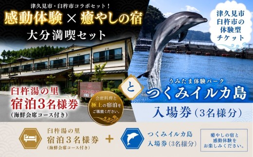 臼杵湯の里宿泊3名様券 (海鮮会席コース付き) とうみたま体験パーク「つくみイルカ島」入場券 (3名様分) | チケット ペア入場券 利用券 宿泊券 体験型 観光 ホテル 温泉 コース料理 水族館 ふれあい 九州 大分県 津久見市