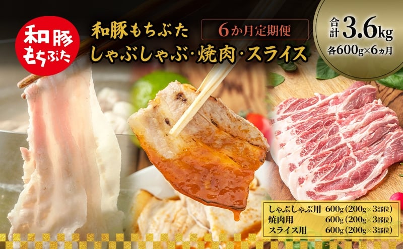 
            和豚もちぶた 6ヵ月定期便 計3.6kg しゃぶしゃぶ 焼肉 スライス 豚バラ 肩ロース モモ
          