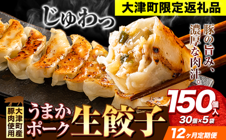 餃子 うまかポーク生餃子 150個 【12ヶ月定期便】タレ付き 大津町限定返礼品 冷凍餃子 ギョウザ《お申込み月の翌月から発送開始》大津町産豚肉使用 九州産キャベツ使用（大津町産含む）皮モチモチ 肉汁溢れる ぎょうざ （30個×5袋）