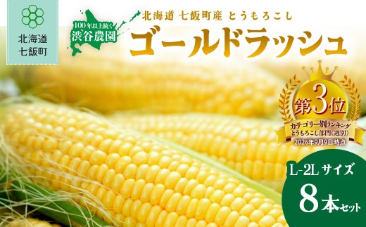北海道七飯町産 とうもろこし「ゴールドラッシュ」(L-2Lサイズ) 8本セット (令和8年8月上旬より順次発送)  【ふるさと納税 人気 ランキング とうもろこし ゴールドラッシュ コーン 8本 セット 北海道 七飯町 送料無料】 NABT006