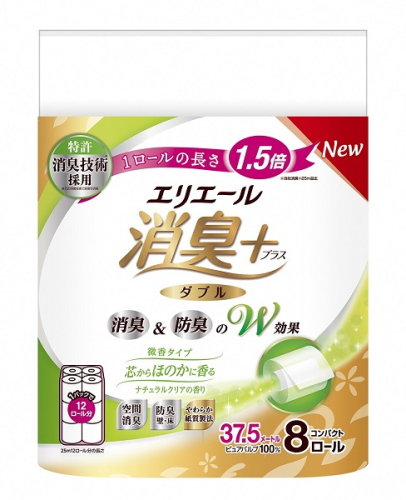 0027-10-03 エリエール 消臭＋ トイレットティシュー ほのかに香るナチュラルクリアの香り コンパクトダブル 8ロール×12パック 96ロール　1.5倍巻 37.5m トイレットペーパー ダブル パルプ100％ 消臭 防臭 日用品 消耗品 備蓄
