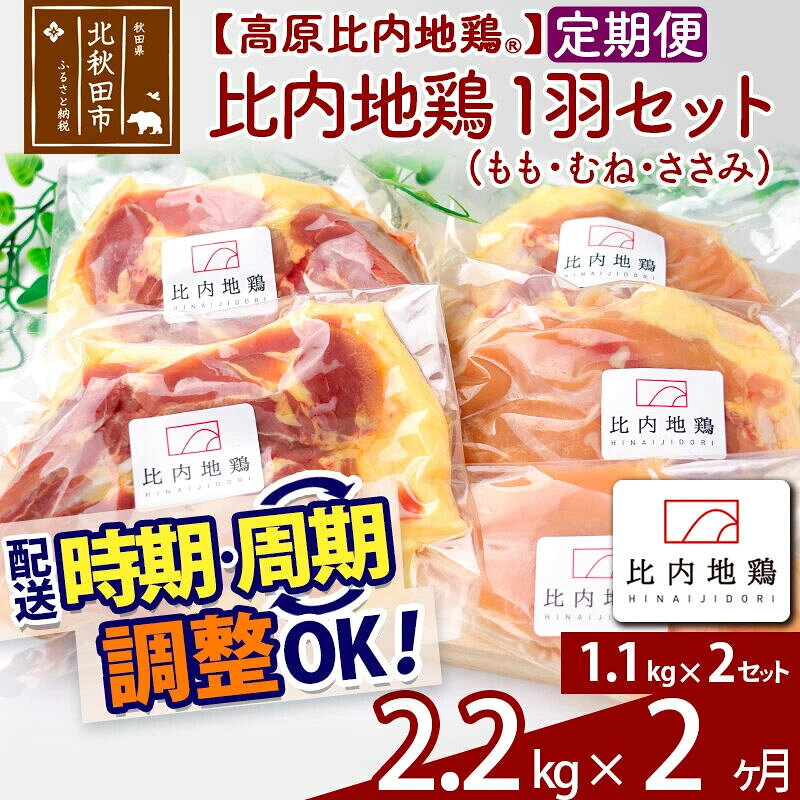 【ふるさと納税】《定期便2ヶ月》 高原比内地鶏 正肉 1羽分×2セット もも肉 むね肉 ササミ 2.2kg(1.1kg×2セット)×2回 計4.4kg 時期選べる お届け周期調整可能 小分け 個包装 国産 冷凍 鶏肉 鳥肉 とり肉 モモ肉 2か月 2ヵ月