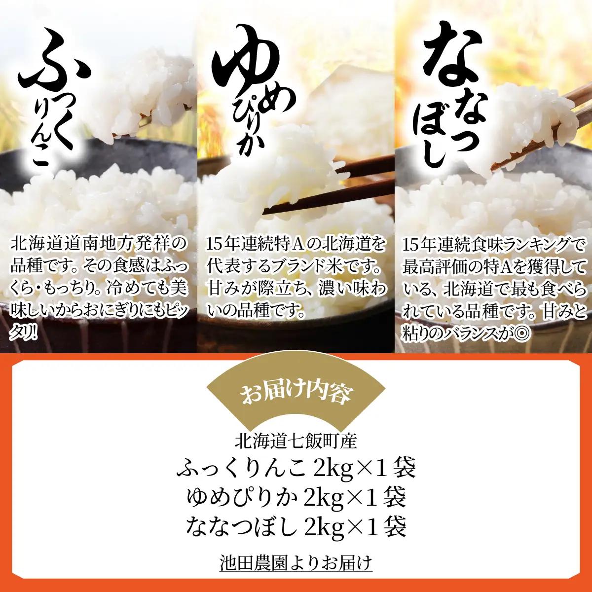 【先行予約 令和8年10月下旬発送】北海道産 ふっくりんこ・ゆめぴりか・ななつぼし食べ比べセットA(2kg×3種) NABR004