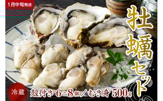 【2026年1月中旬発送】宮原水産 かき 殻付き 6～8個 むき身 500g セット ku005-009-01-2-25