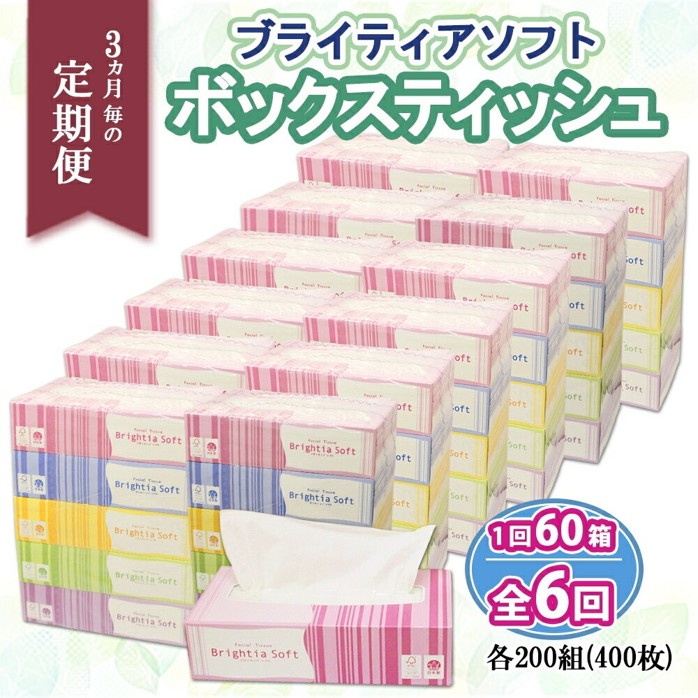 【ふるさと納税】 定期便 3ヶ月毎 全6回 ブライティア ソフト ボックスティッシュ 200組 400枚 60箱 日本製 ティッシュ まとめ買い 日用雑貨 消耗品 生活必需品 備蓄 リサイクル 再生紙 エコ ティッシュ ペーパー BOX 紙 ペーパー 雑貨 日用品 送料無料 北海道 倶知安町