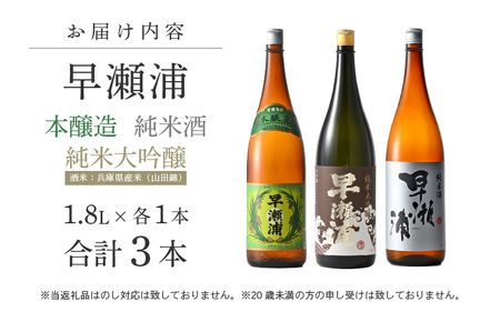 入手困難【早瀬浦】純米大吟醸 1800ml ＆ 純米酒 1800ml ＆ 本醸造 1800ml × 各1本ずつ セット【飲み比べ 日本酒 地酒 福井 美浜 早瀬 フルーティ 男酒 硬水 ミネラル 希少