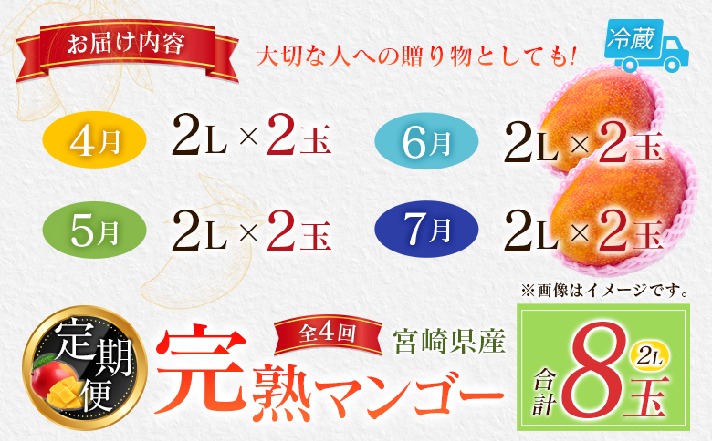 宮崎特産「完熟マンゴー2L×2玉」お届け定期便（全4回）計8玉 特産 国産 果物 フルーツ 旬 産地直送【F143-27】