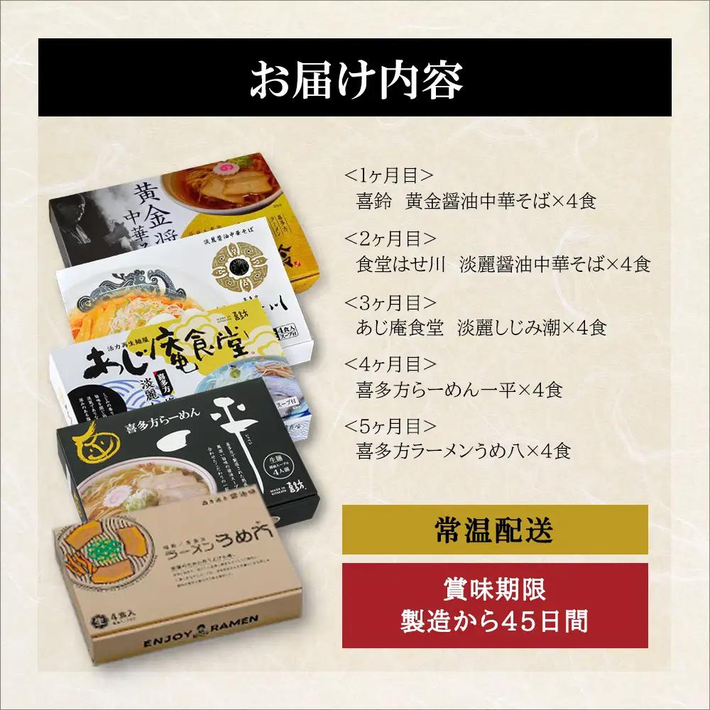 【5ヶ月定期便】　喜多方名店ラーメン 4食入り×5か月　喜鈴 食堂はせ川 あじ庵食堂 一平 うめ八　【07208-0904】