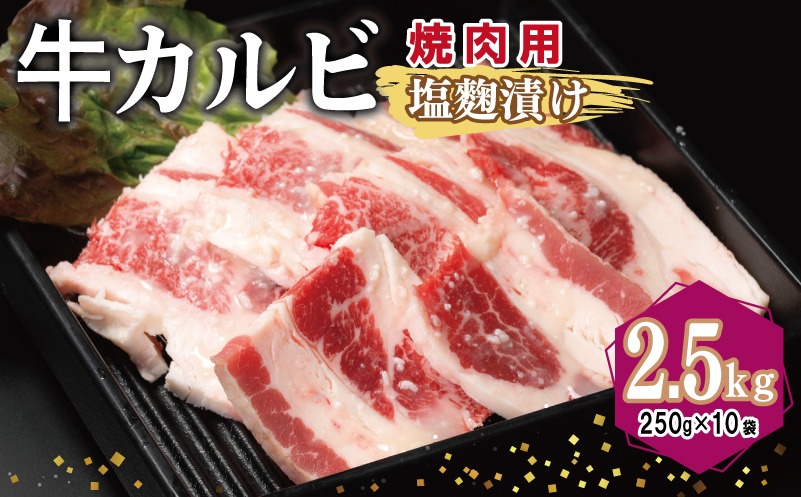 099H3394 牛カルビ 焼肉用 塩麹漬け 合計2.5kg【味付け 小分け 焼くだけ 簡単調理 BBQ 牛肉 250g×10袋】