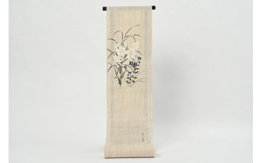 
名古屋帯　麻帯　百合と桔梗の柄　着用時期6月7月8月　夏帯　お単衣に、絽に、お仕立て上がり　手開き仕立
