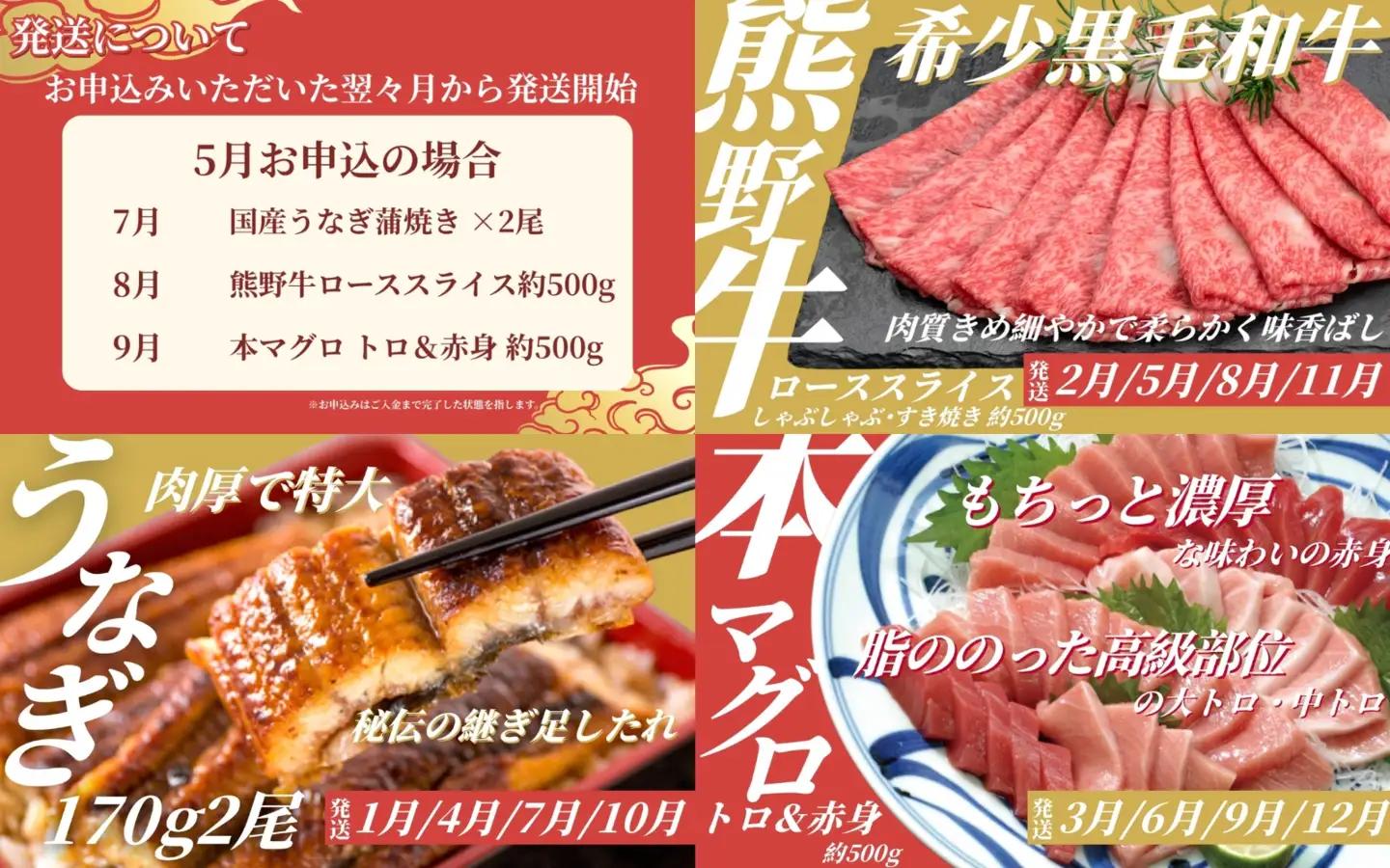 定期便【全3回/毎月お届け】和歌山うまいもん定期便 本マグロ・国産うなぎ･高級和牛【tkb300】 