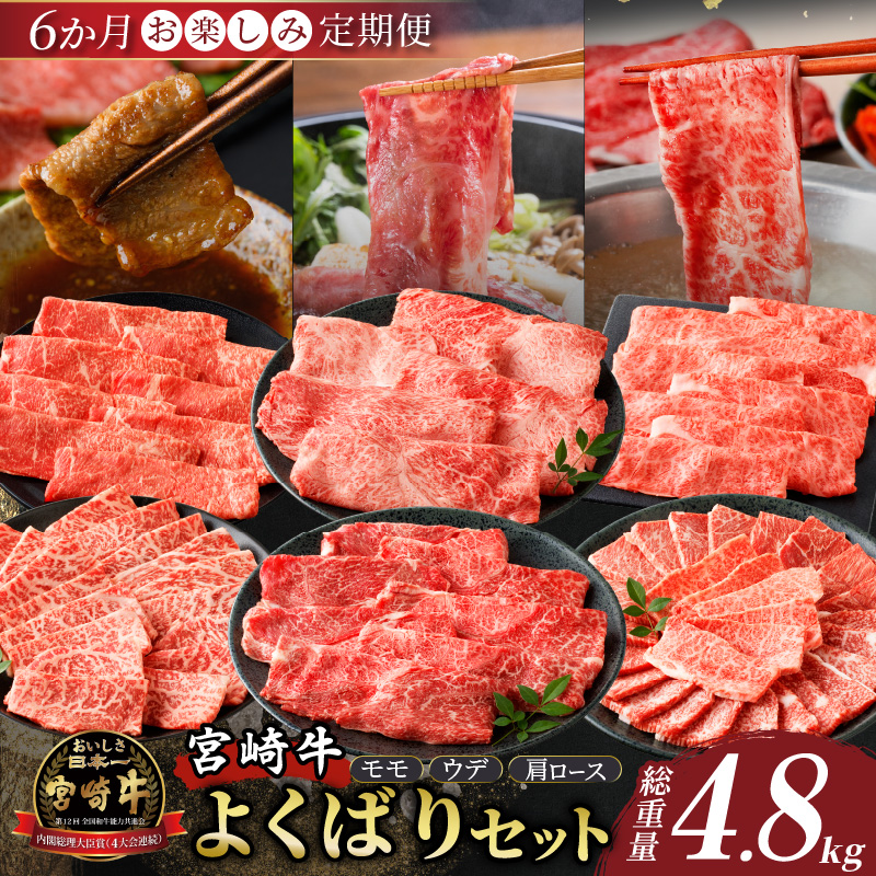 6か月お楽しみ定期便『宮崎牛よくばりセット』総重量4.8kg_T030-184【肉 牛 牛肉 おかず 国産 人気 ギフト 食品 すき焼き しゃぶしゃぶ 焼肉 BBQ 送料無料 プレゼント】