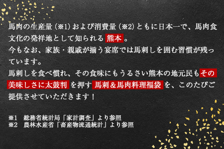 純国産馬刺し＆馬肉料理福袋 計1kg 熊本肥育 2年連続農林水産大臣賞受賞 送料無料 上赤身馬刺し100g たてがみ50g 馬とろ150g 馬ソーセージ500g 燻製 霜降り ハン馬ーグ200g(2個