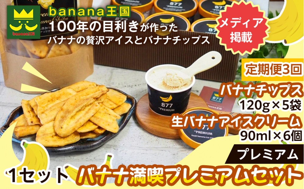 
                  【定期便3ヶ月】【満喫プレミアムセット】プレミアム生バナナアイスクリーム（90ml×6個）・プレミアムバナナチップス （120g×5個） 1セット｜お菓子 デザート 詰め合わせ 食べ比べ ご褒美 人気 ギフト プレゼント 手土産 お祝い お配り 来客用 女性向け おしゃれ おうちカフェ お取り寄せ 贅沢 愛知県 名古屋市
                