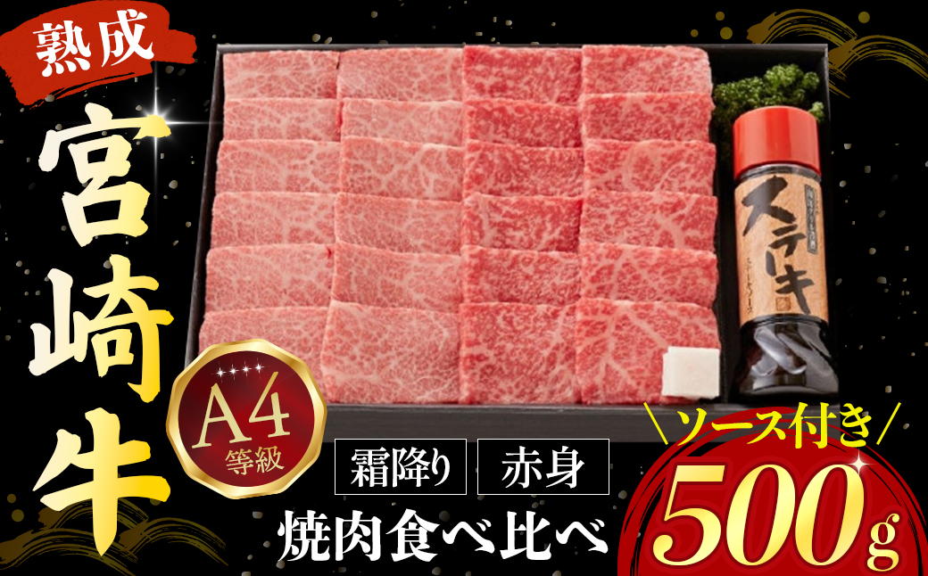 【C202】【人気鉄板焼き店厳選】熟成宮崎牛A4等級霜降り・赤身焼肉食べ比べセット オリジナルソース付き