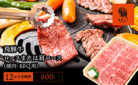 【12か月定期便】【飛騨牛】ロースまたは肩ロース600g (焼肉・BBQ用) 2025/9/19～