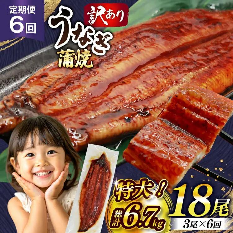 うなぎ 訳あり 鰻 蒲焼 特大 3尾 6回 定期便 総計約6.7kg 不揃い 規格外 小分け [大黒物産 福岡県 宇美町 um40bak830016]