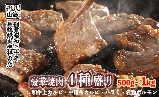 
                  国産牛 味付焼肉 4種盛 500g～1kg｜冷凍｜上カルビ・ハラミ・中落ちカルビ・ホルモン 舞鶴焼肉 発祥の店 八島丹山
                